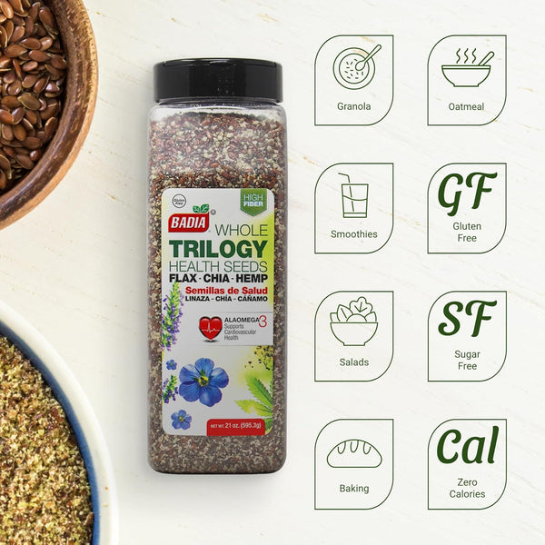 Badia Trilogy Health Seed Blend, Gluten-Free, High Fiber, Omega-3, 21 oz, Flax, Chia, Hemp Seeds