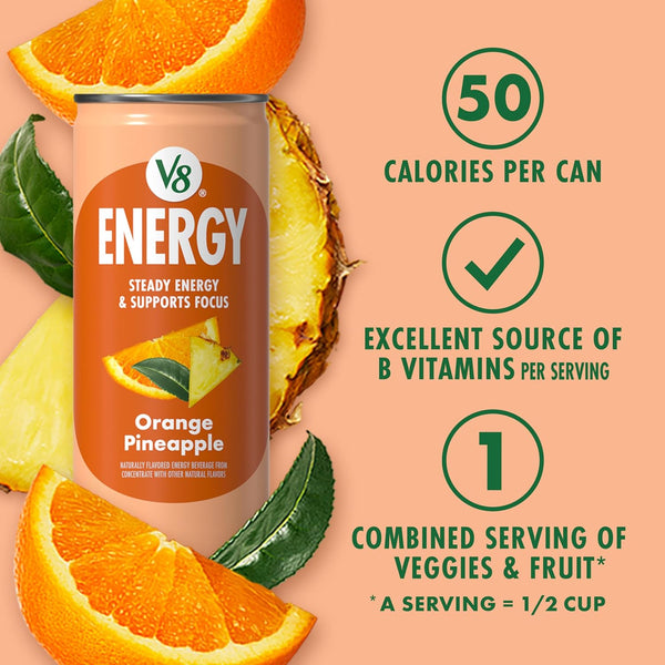 V8 Energy Orange Pineapple Drink, 8oz Cans, 6-Pack, Caffeine, B Vitamins