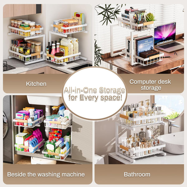 Adjustable Height Under Sink Organizer 2 Pack for Kitchen Bathroom