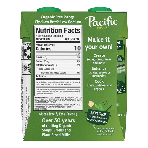 Pacific Foods Organic Low Sodium Chicken Broth 8 Ounce 4 Pack No Artificial Preservatives