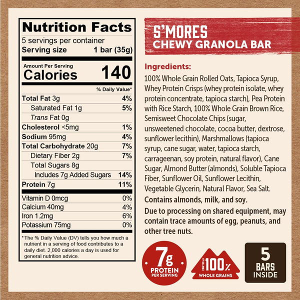 Kodiak Cakes Chewy Granola Snack Bars, S'mores, High Protein, 100% Whole Grains, Pack of 4