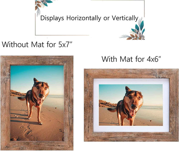 Califortree 5x7 Picture Frame - Can Display Photo 4x6 with Mat, Wood Frame with Shatterproof Plexiglass, Horizontal and Vertical Display for Wall and Tabletop, Rustic Brown