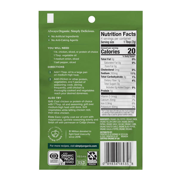 Simply Organic Gluten-Free Certified Organic Chicken Fajita Seasoning 1.13 Ounce Pack of 1