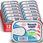Beach Cliff Sardines in Water, 3.75 oz Can (Pack of 12) - Wild Caught Sardines - 12g Protein per Serving - Gluten Free, Keto Friendly