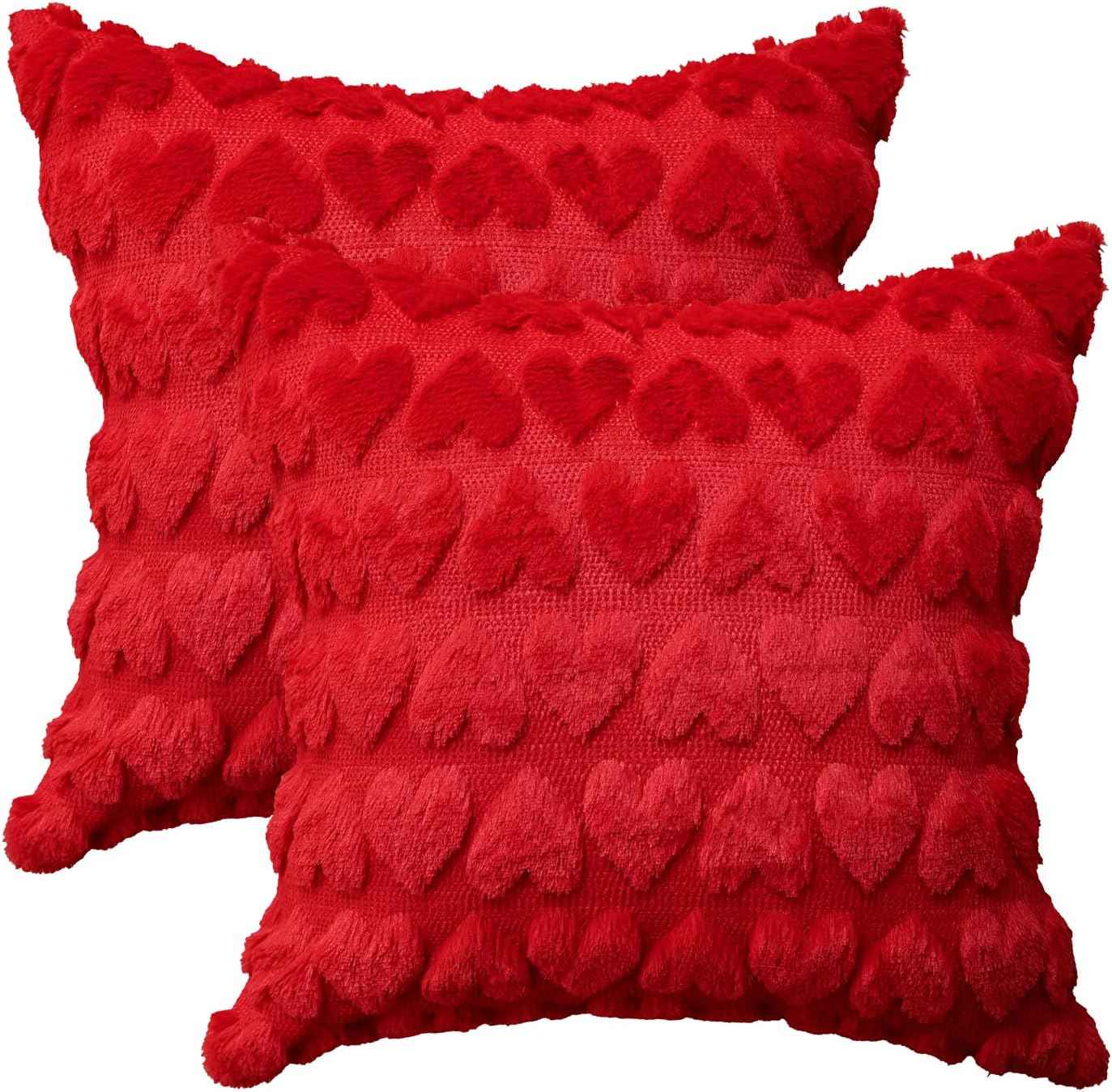 AVOIN colorlife Valentine's Day Love Heart Throw Pillow Cover Set of 2, 18 x 18 Inch Red Soft Plush Faux Fur Jacquard Anniversary Wedding Cushion Case Decoration for Sofa Couch