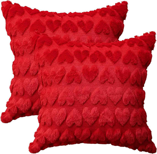 AVOIN colorlife Valentine's Day Love Heart Throw Pillow Cover Set of 2, 18 x 18 Inch Red Soft Plush Faux Fur Jacquard Anniversary Wedding Cushion Case Decoration for Sofa Couch