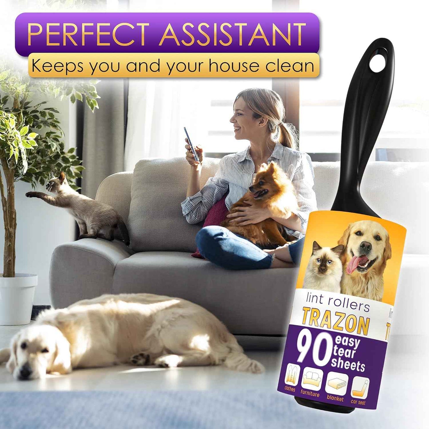 Lint Rollers Value Pack of 450 Sheets / 5 Refills, Sticky Roller, Lint Remover for Dog, Cat, Pet Hair, Lint Rollers for Clothes, Carpet, Couch, Furniture, Car Seats White