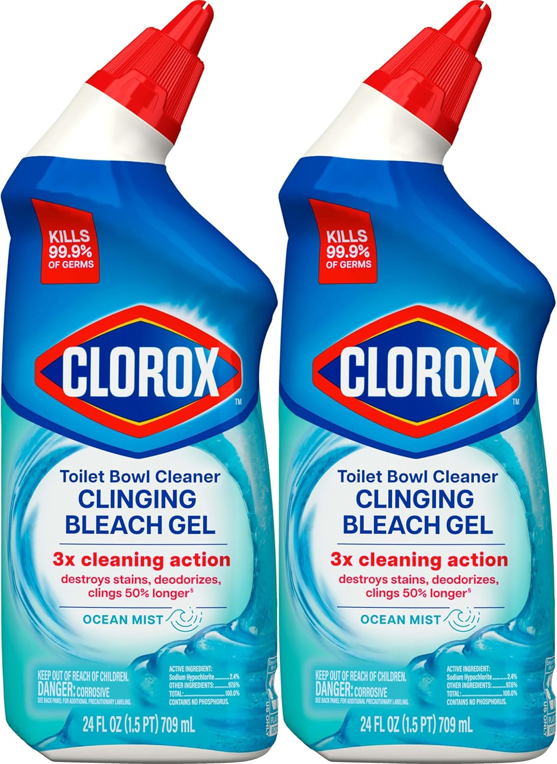 CLOROX Toilet Bowl Cleaner Clinging Bleach Gel, Ocean Mist, 24 Fl Oz, Pack of 2 (Package May Vary)