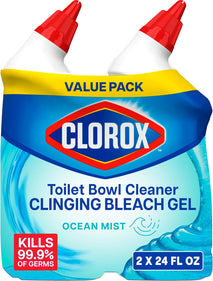 Clorox Toilet Bowl Cleaner Clinging Bleach Gel, Kills 99.9% of Bacteria and Viruses, Ocean Mist, 24 Fl Oz, Pack of 2