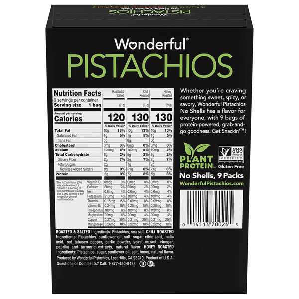 Wonderful No Shells Pistachios 3 Flavors Variety Pack Roasted Salted Chili Honey 9 x 0.75 Ounce Gluten Free Healthy Snacks