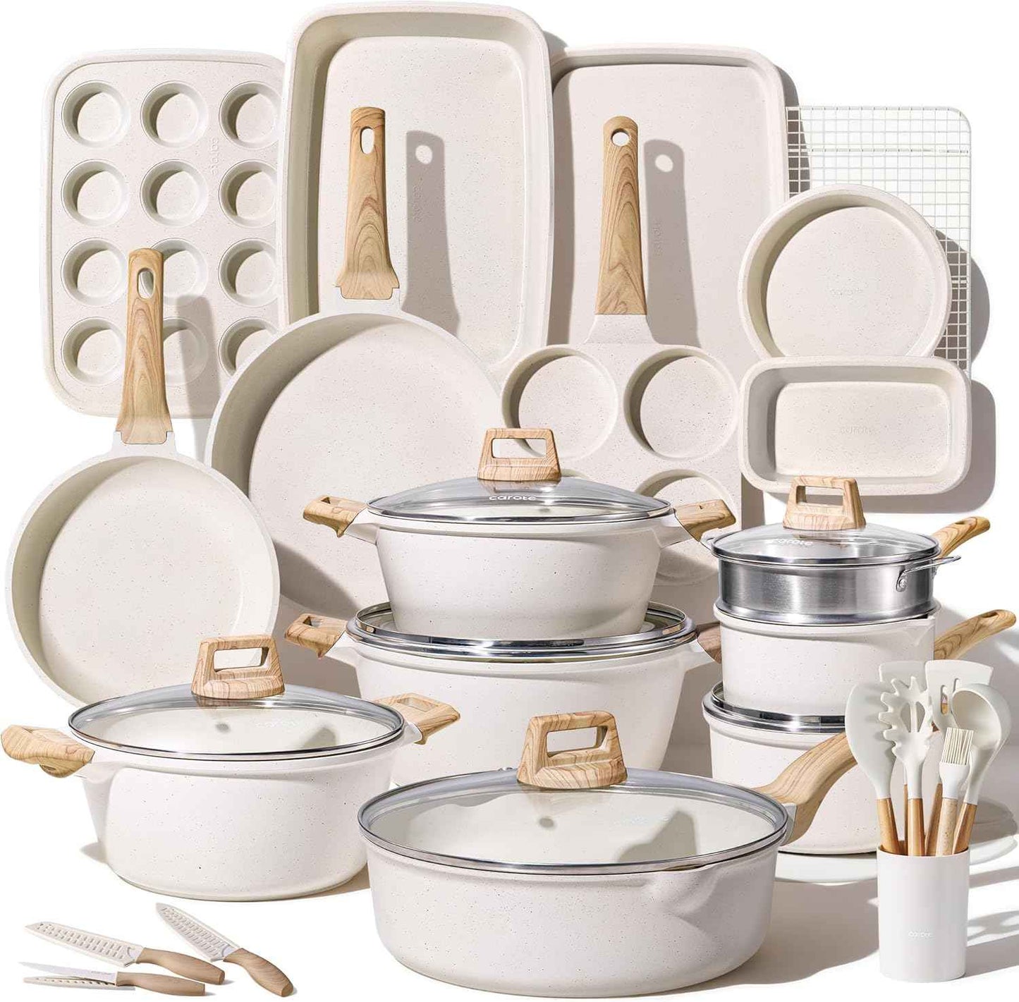 CAROTE 21Pcs Pots and Pans Set, Nonstick Cookware Sets, White Granite Induction Cookware Non Stick Cooking Set w/Frying Pans & Saucepans(PFOS, PFOA Free)