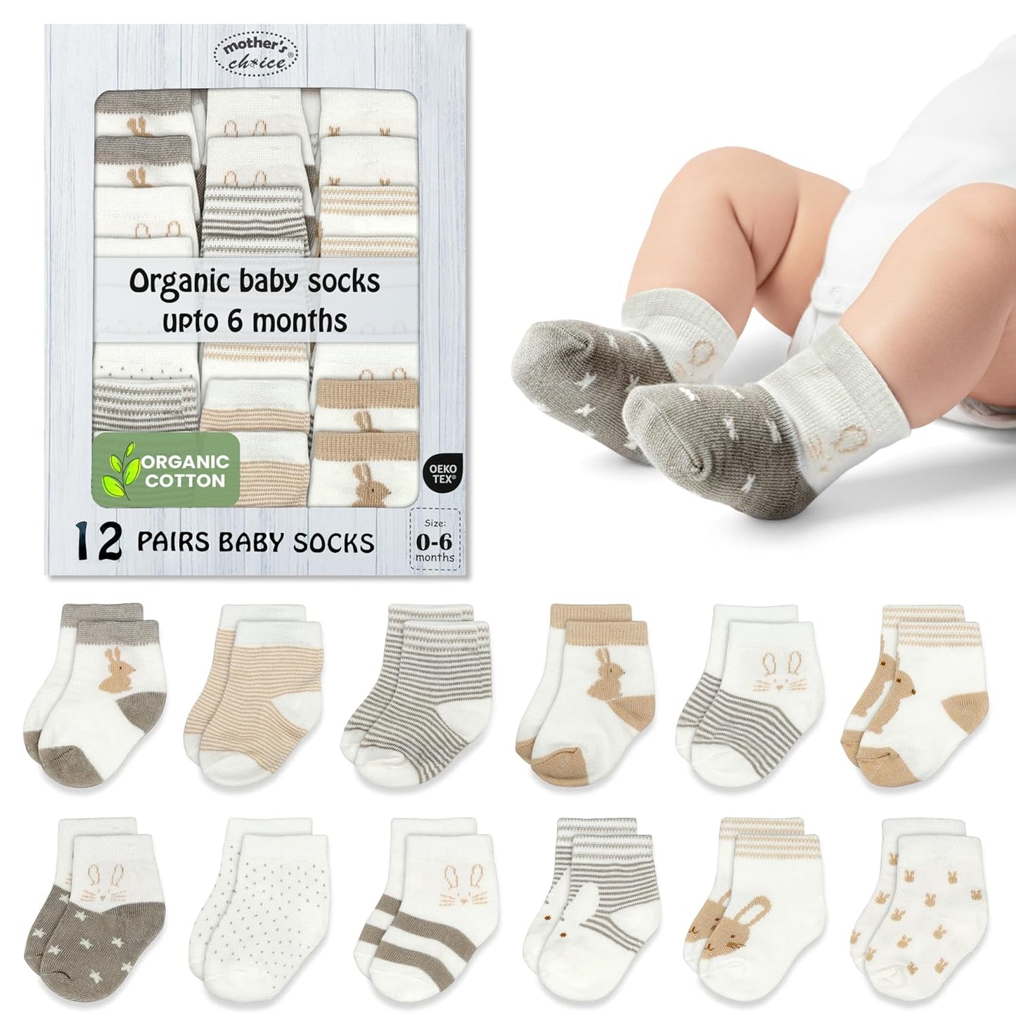 Mother's Choice Organic Cotton Baby Socks Infant 0-6 Months - 12 pairs Soft, Cozy, and Gentle Newborn Socks for Girls & Boys, Perfect Baby Registry for Everyday Wear, and Infant Comfort