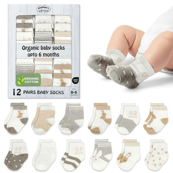 Mother's Choice Organic Cotton Baby Socks 0-6 Months, 12 pairs, Soft, Cozy, and Gentle Socks for Infants Girls and Boys