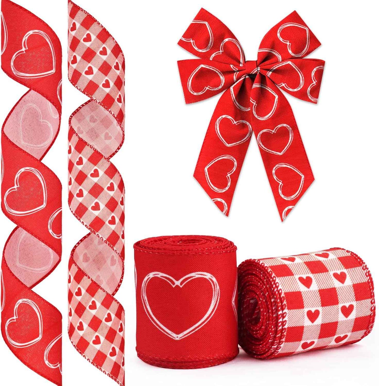 Valentine's Day Ribbon for Wreath Bow Wrapping Gifts, Plaid Red Hearts Patterned Ribbon 2.5" X 10 Yard Wired