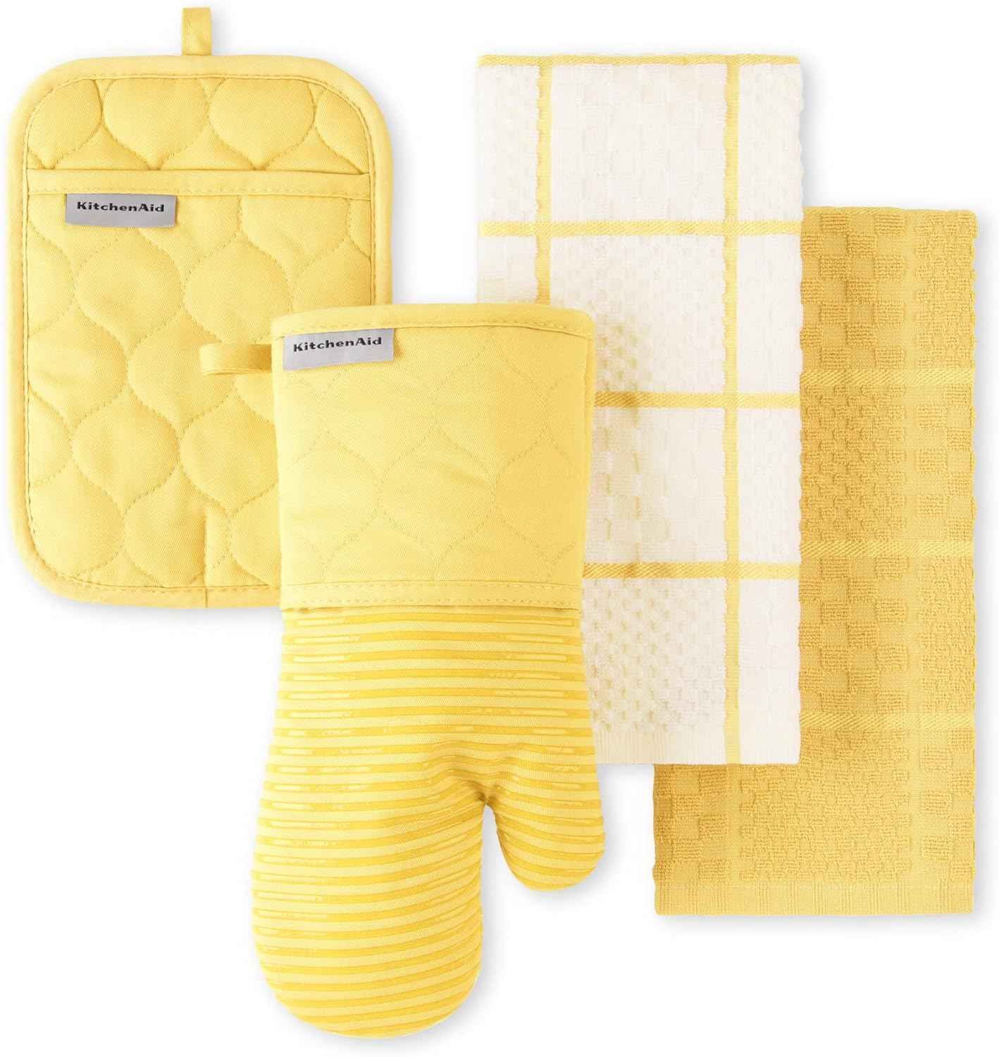 KITCHENAID Quilted Cotton Terry Cloth Oven Mitt, Pot Holder, Kitchen Towel 4-Pack Set, Heat Resistant, Silicone Grip, 16"x26", 7"x13" & 7"x10", Milkshake