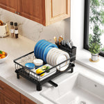 Space-saving stainless steel dish drying rack for kitchen counter
