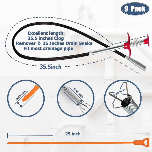 35.5inch Drain Clog Remover, 25inch Drain Snake Hair Remover & Cleaning Brush, 9 Pack Hair Catcher Drain Auger Cleaner Tool Set