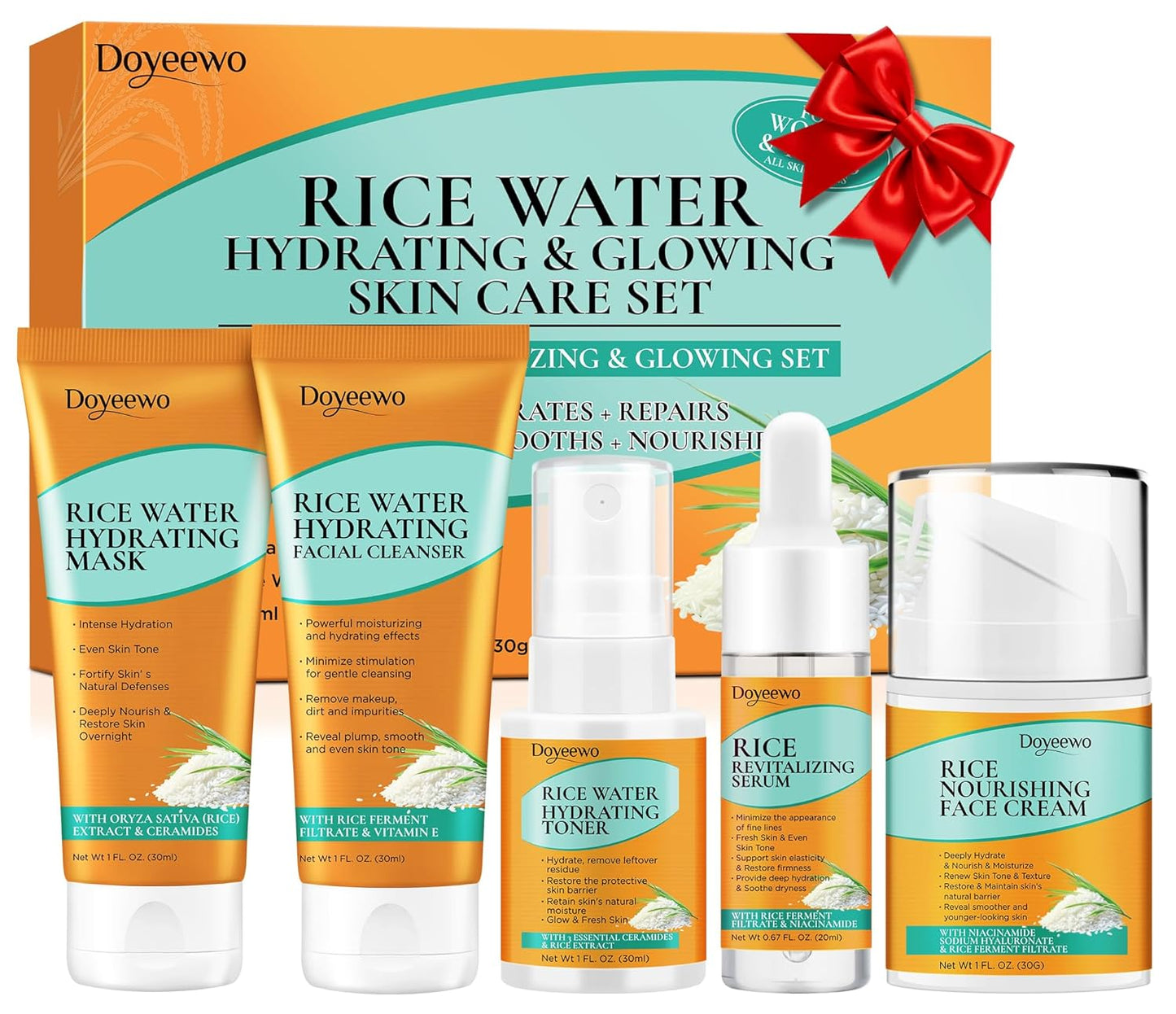 Skin Care Set,6Pcs Women Teen Glass Skincare w/Korean Rice Extract,Hydrate Glow Repair Anti-Aging Facial Routine Kit Self Care Gifts for Women Mom Wife Teenage Girl Her Valentines Day Christmas Gifts