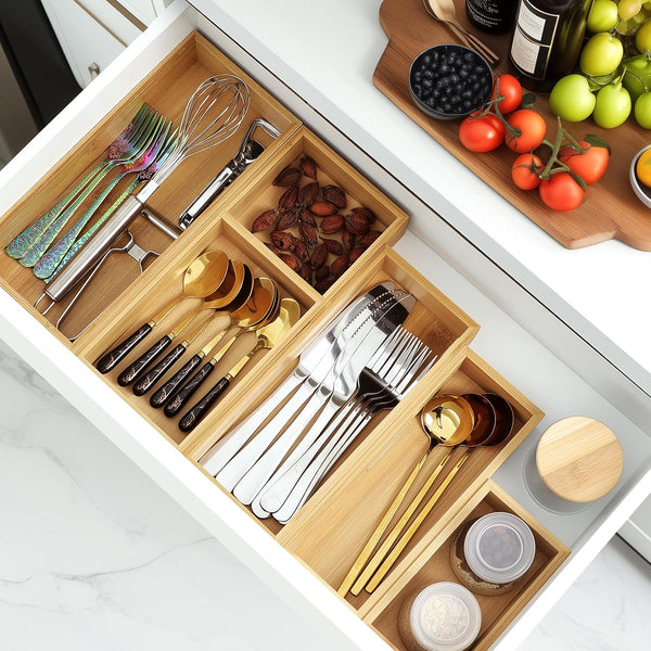 Bamboo Drawer Organizer Set for Kitchen, Bathroom, Office, and Makeup