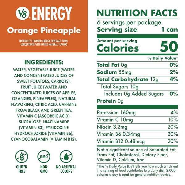 V8 Energy Orange Pineapple Drink, 8oz Cans, 6-Pack, Caffeine, B Vitamins