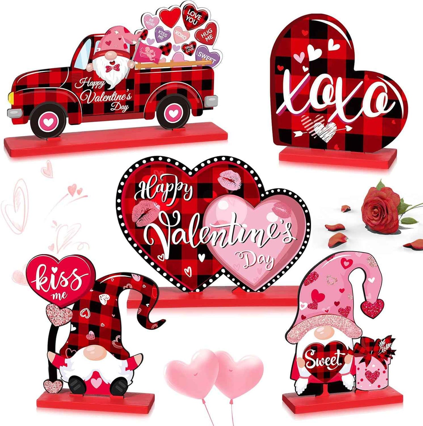 Capoda 5 Pieces Valentine's Day Wooden Table Sign Decoration Freestanding Table Centerpiece Sign Romantic Truck Heart Shape Home Decor Tiered Tray Gnome Valentines Day Accessories(Red)
