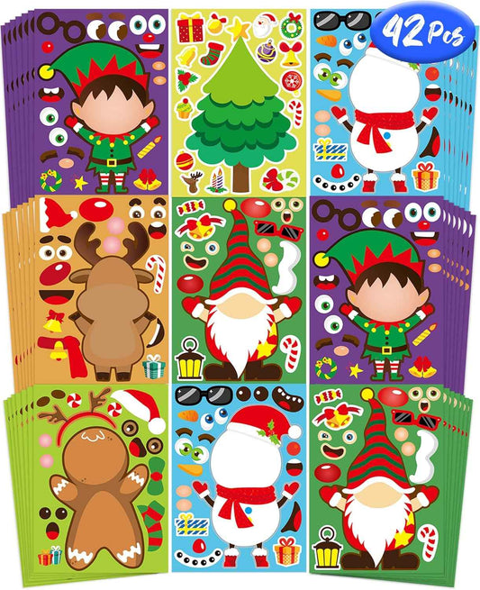 42 Sheets Christmas Party Favor Stickers for Kids, Christmas Goodie Bag Stocking Stuffers Face Stickers, Gifts Games Activities Holiday Sticker Crafts for Kids