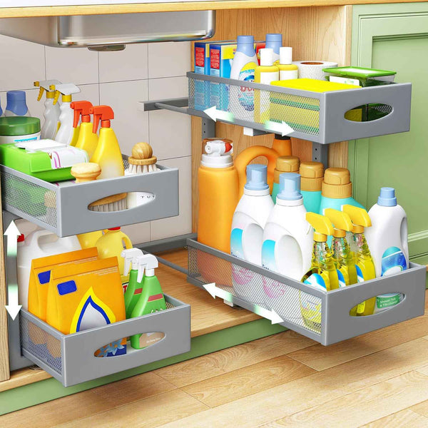 Under Sink Organizer, 2 Tier Pull out Cabinet Organizer Baskets with Mesh Sliding Drawers, Slide out Storage Shelf for Home, Kitchen, Bathroom, Pantry, Office Cabinet, Countertop(1 Pack)