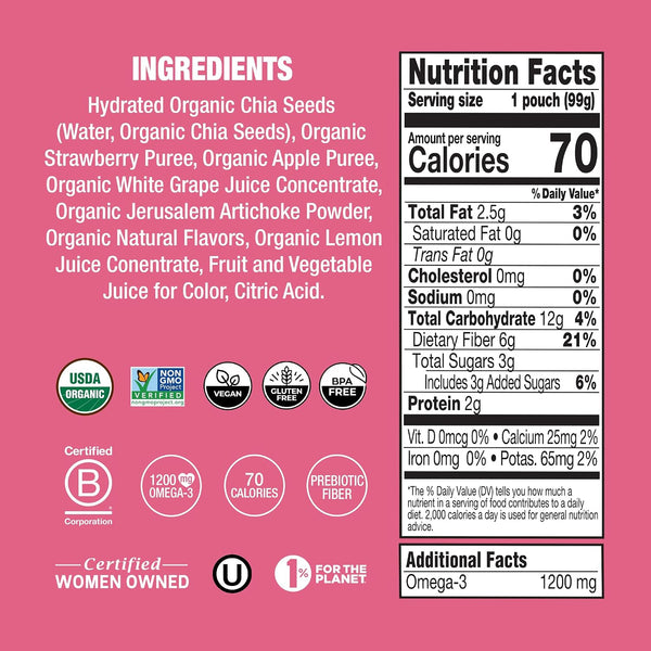 Mamma Chia Organic Prebiotic Squeeze Snack, Strawberry Lemonade, 16- 3.5 Ounce , Fiber-Rich Prebiotic Gut Support, USDA Organic, Non-GMO, Vegan, Gluten Free (Pack of 16)