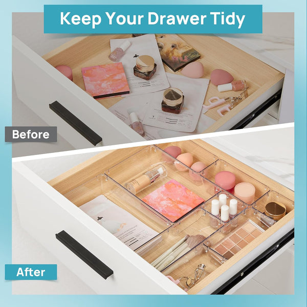 10-piece makeup drawer organizer set with clear plastic trays