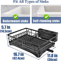 Large capacity dish drying rack for kitchen counter with utensil holder and efficient drainage