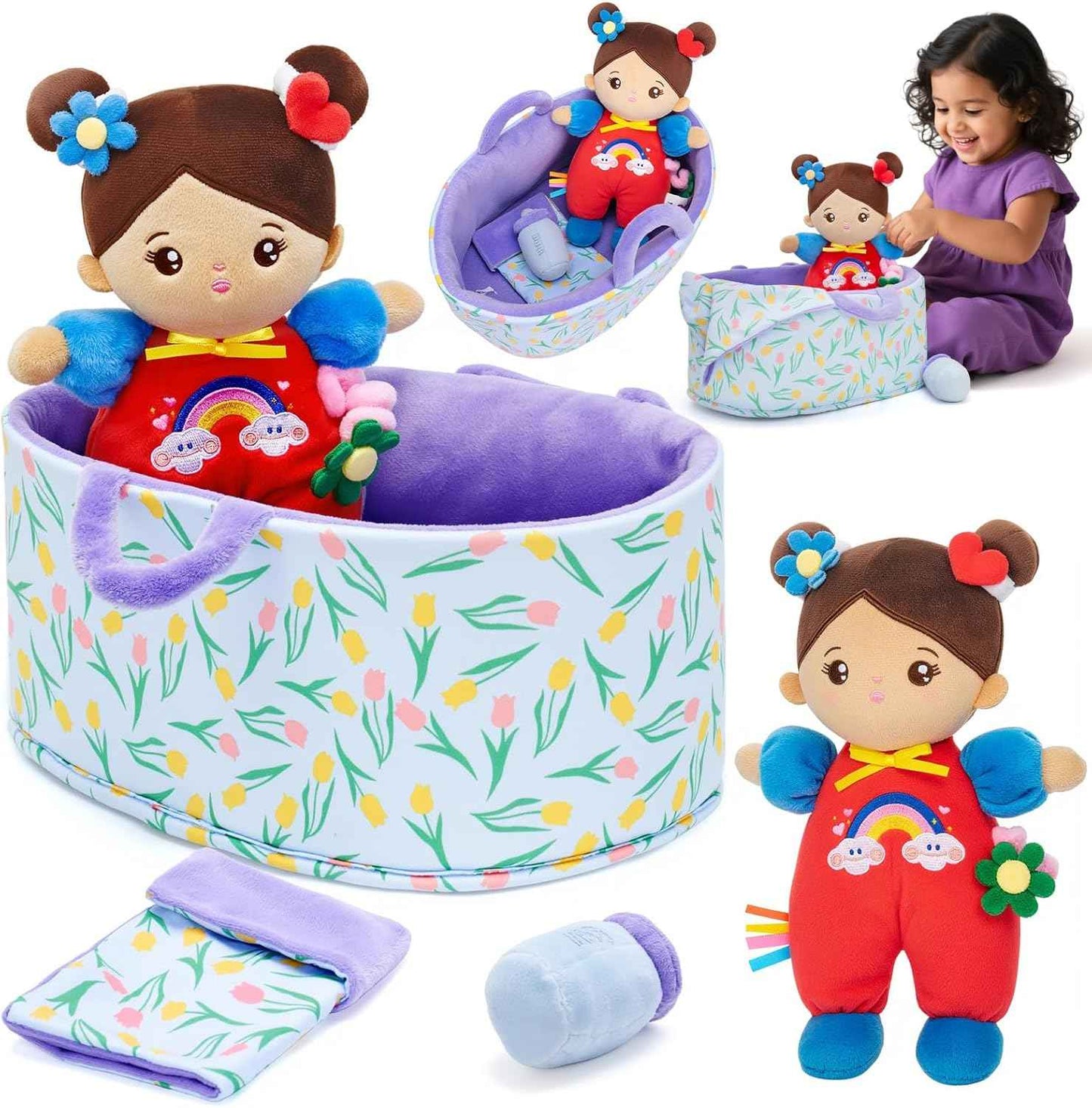 OUOZZZ Soft Baby Doll for 1+ Year Old Girl Gifts - Toys for 1+ Year Old Girl Birthday Christmas Plush Gifts for Toddler Adorable First Doll Tulip Pink 10"