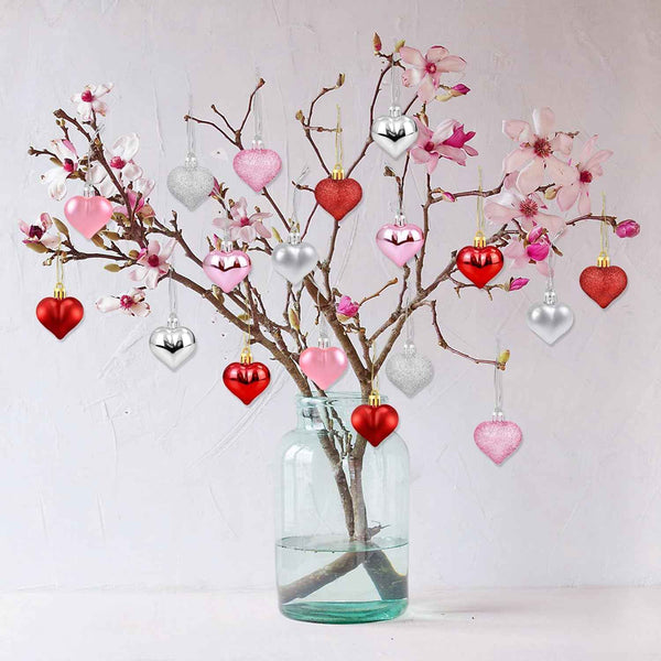 36pcs valentines heart shaped ornaments with red pink silver glitter baubles decorations set