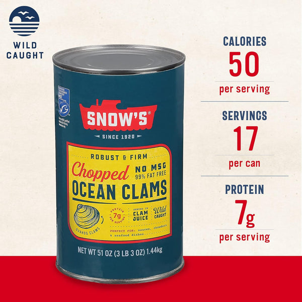 snow's ocean chopped clams can, 51 oz can, 7g protein, gluten free, no msg, 99% fat free, keto friendly