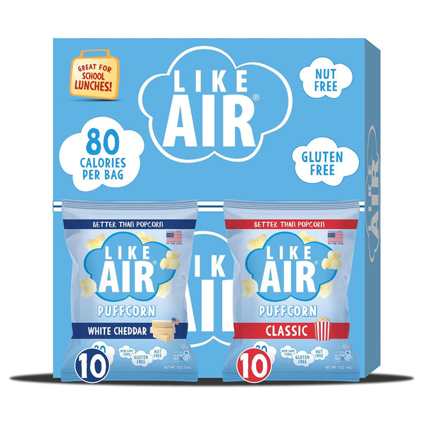 Like Air Puffcorn 5 Flavor Variety Pack, 20 Individual Bags, Gluten Free, Kosher, Non-GMO Corn Snacks