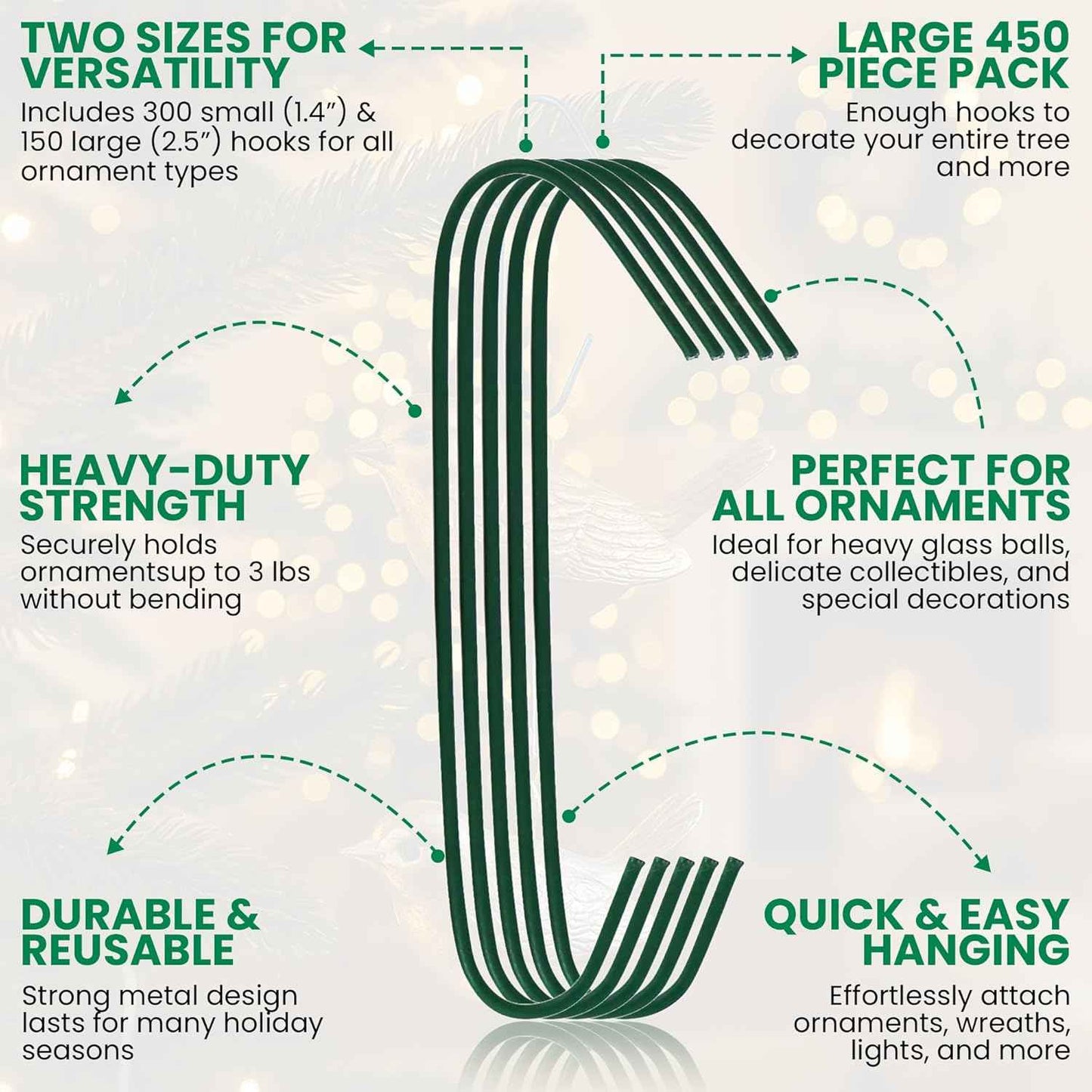 Iconikal 450-Count Green Ornament Hooks Heavy Duty 1.4 & 2.5-Inch Christmas Tree Hangers for Large Small Decorations Blends with Tree Bulk Pack