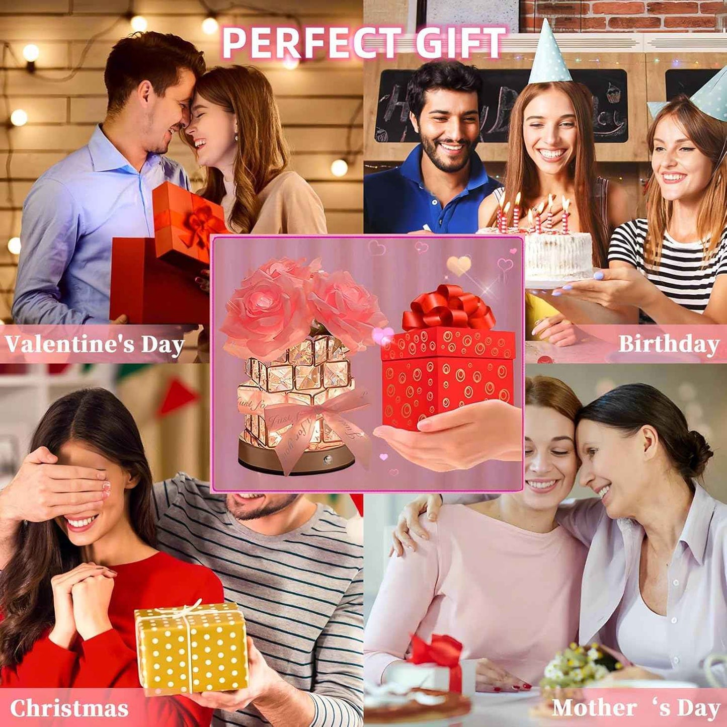 Rose Flower Lamp,Rechargeable Cordless Touch Table Lamp for Bedroom,3-Colour Dimming Small Night Light,Crystal Bedside Lamps with USB Charge,Birthday Valentine's Day Gifts for Women,Mom,Wife,Her