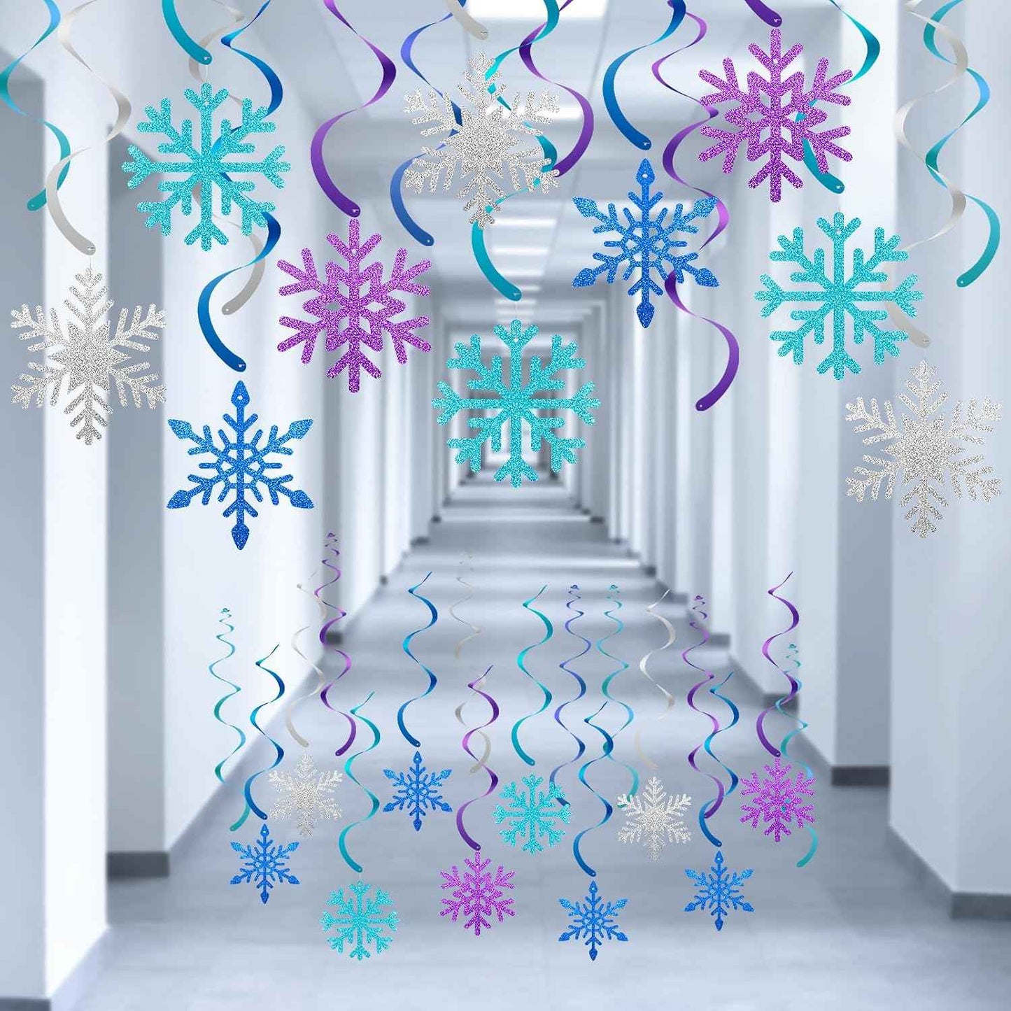 20 Pcs Winter Snowflake Hanging Swirl Decorations - Snowflake Hanging Ceiling Streamers Blue Silver Purple Garland Ornament for Frozen Winter Wonderland Holiday Birthday Party Decorations