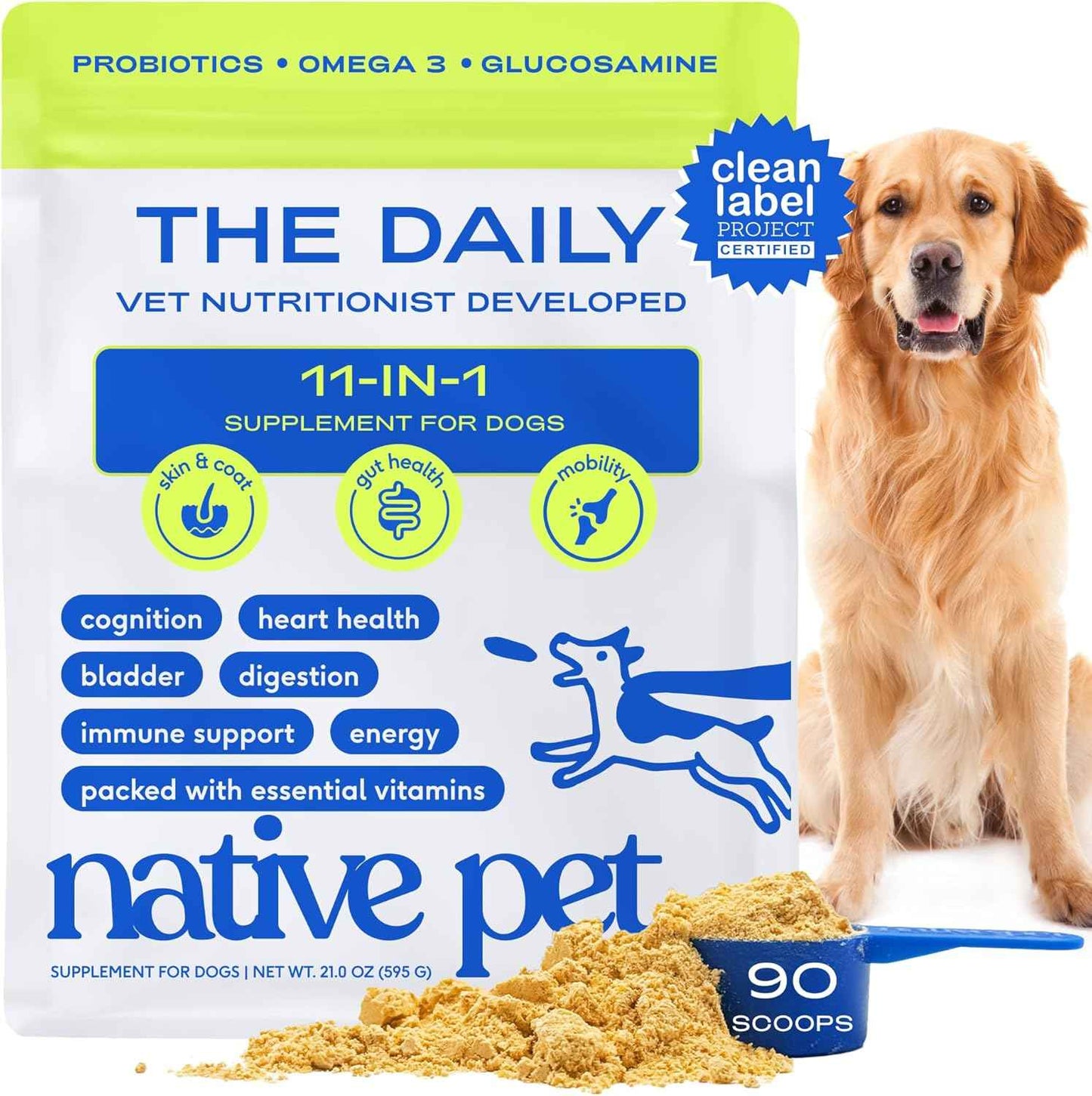 Native Pet Dog Vitamins & Supplements - 11-in-1 Multivitamin Powder for Dogs Food Topper - Collagen, Glucosamine, Probiotics, Omega & More- Supports Healthy Gut, Mobility & Overall Health -30 Scoops