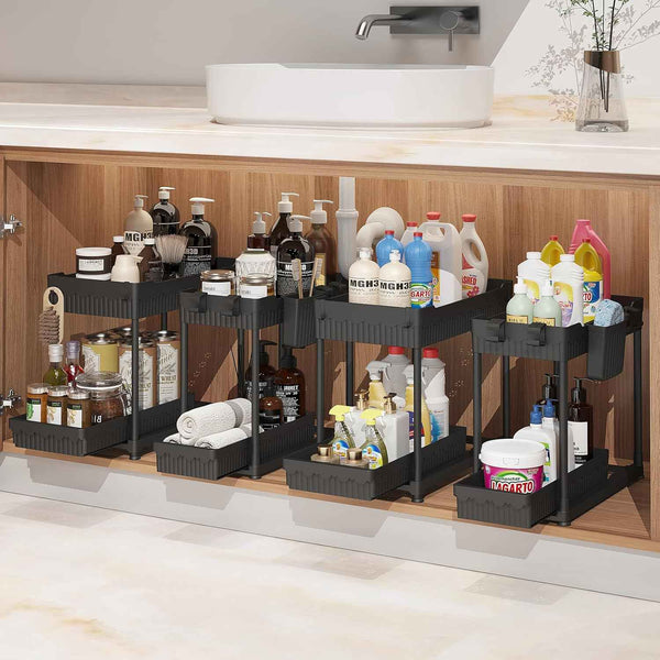 4-Pack Under Sink Organizer: 2-Tier Pull-Out Cabinet Storage with Hooks