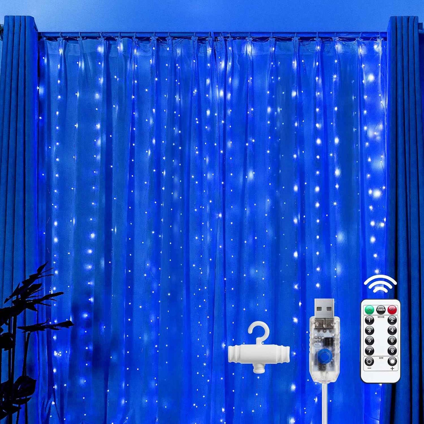 Brightown 300 LED Fairy Curtain Lights, 9.8ft x 9.8ft Warm White Curtain String Lights, USB Plug in 8 Lighting Modes Christmas Decoration, Hanging Lights with Remote for Bedroom Indoor Weddings Dorm