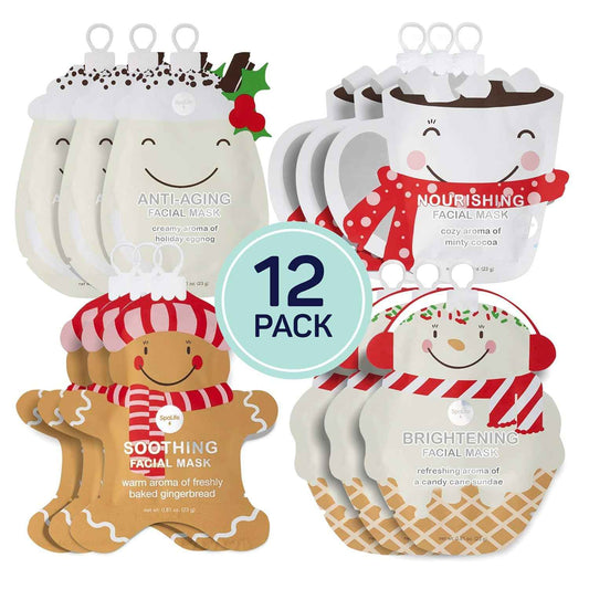 SpaLife Beauty Holiday Treats Christmas Face Mask Bundle | Korean Facial Mask | Hydrating, Soothing and Moisturizing Sheet Mask Set | Stocking Stuffers for Women | Bulk Christmas Gifts | 12 Pack