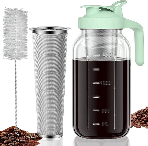Heavy Duty Glass Mason Pitcher with Spout Lid and Stainless Steel Filter