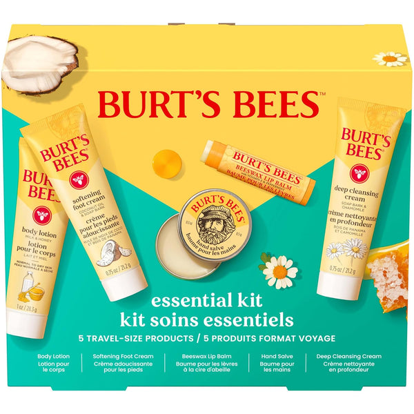 Burt's Bees essentials set with deep cleansing cream, hand salve, body lotion, foot cream, and lip balm - travel size