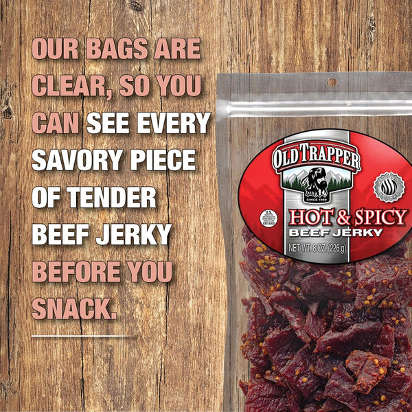 Old Trapper Beef Jerky, Hot & Spicy, 8 Ounce Individual Pack, 11 Grams of Protein, 70 Calories per Serving