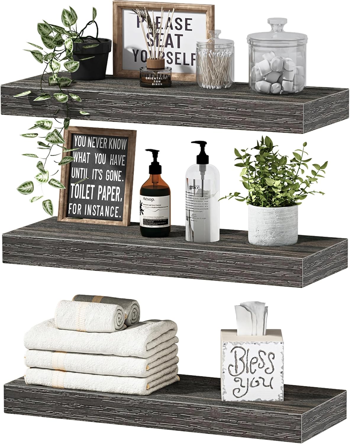 QEEIG Floating Shelves for Wall Bathroom Shelf Bedroom Kitchen Living Room Hanging Book Shelves Small Farmhouse Decor 16 inch Set of 3, Rustic Brown (015-BN3) - Rayz Mart