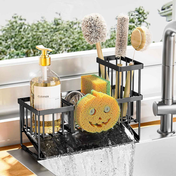 Cisily Sink Caddy Sponge Holder for Kitchen with Brush Holder and Stainless Steel Self Drain Tray, Rustproof Kitchen Sink Organizer for Sponge, Soap Dispenser Storage Accessories