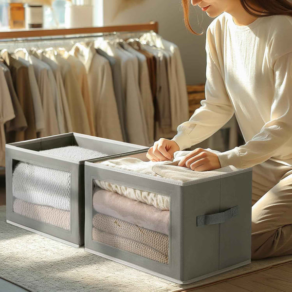 Storage Bins with Lids - Fabric Closet Storage Bins with Window, Collapsible Baskets for Shelves 4 Pack, Home Decorative Boxes for Clothes, Closet, Office, Grey