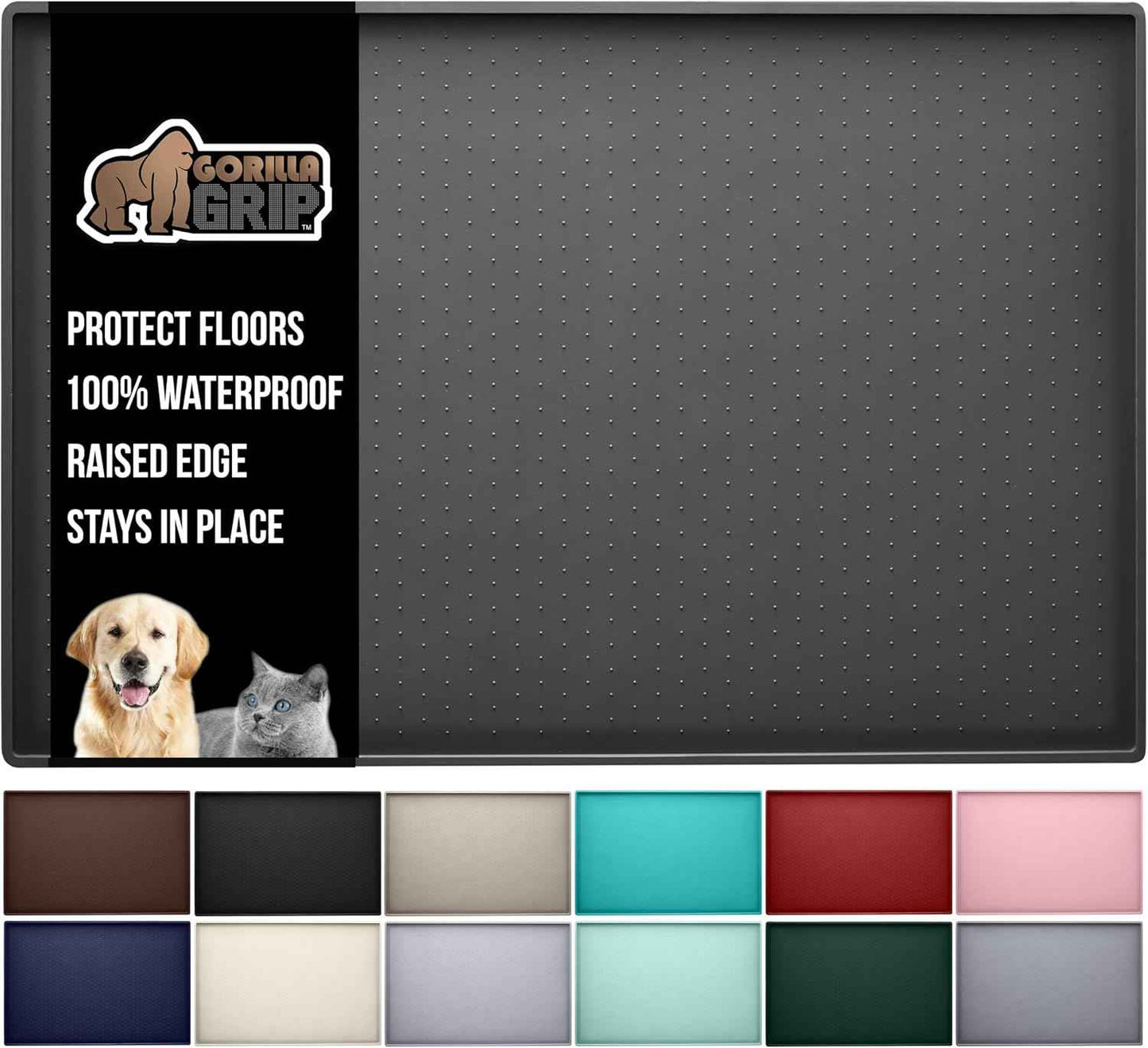 GORILLA GRIP 100% Waterproof Raised Edge BPA Free Silicone Pet Feeding Mat, Dog Cat Food Mats Contain Spills Protects Floors, Placemats for Cats and Dogs Water Bowl, Pets Accessories 18.5x11.5 Gray