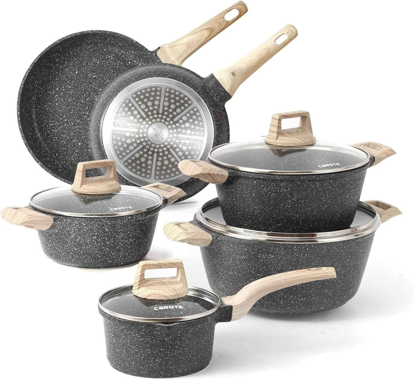 CAROTE 21Pcs Pots and Pans Set, Nonstick Cookware Sets, White Granite Induction Cookware Non Stick Cooking Set w/Frying Pans & Saucepans(PFOS, PFOA Free)