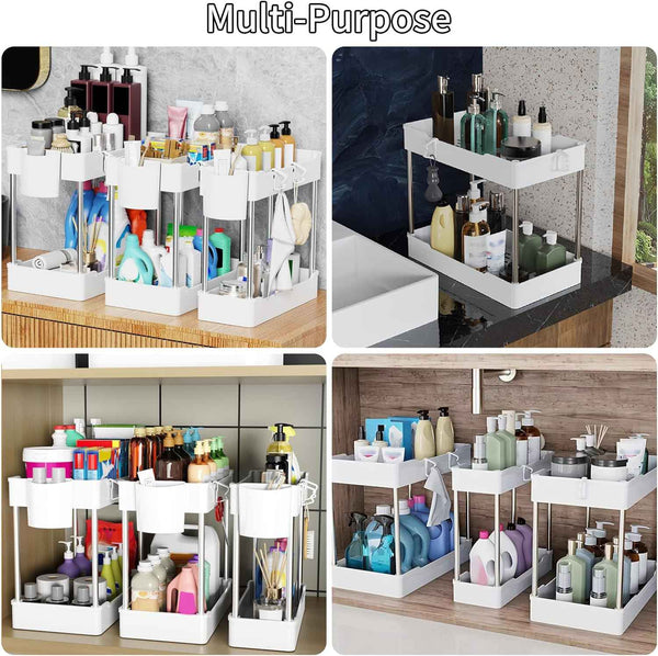 3 Pack Under Sink Organizers and Storage, 2 Tier Bathroom Cabinet Organizer Shelf with Hanging Cups for Kitchen & Bathroom (White)